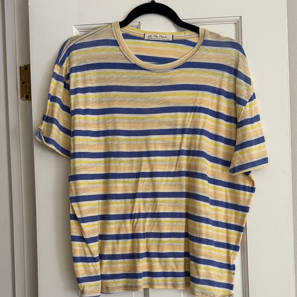 Free People Blue and Yellow Striped Short Sleeve Tee